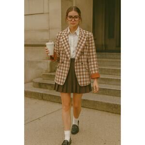 Nine West Checkered Brown Plaid Blazer Espresso Officewear XS — Double-Breasted